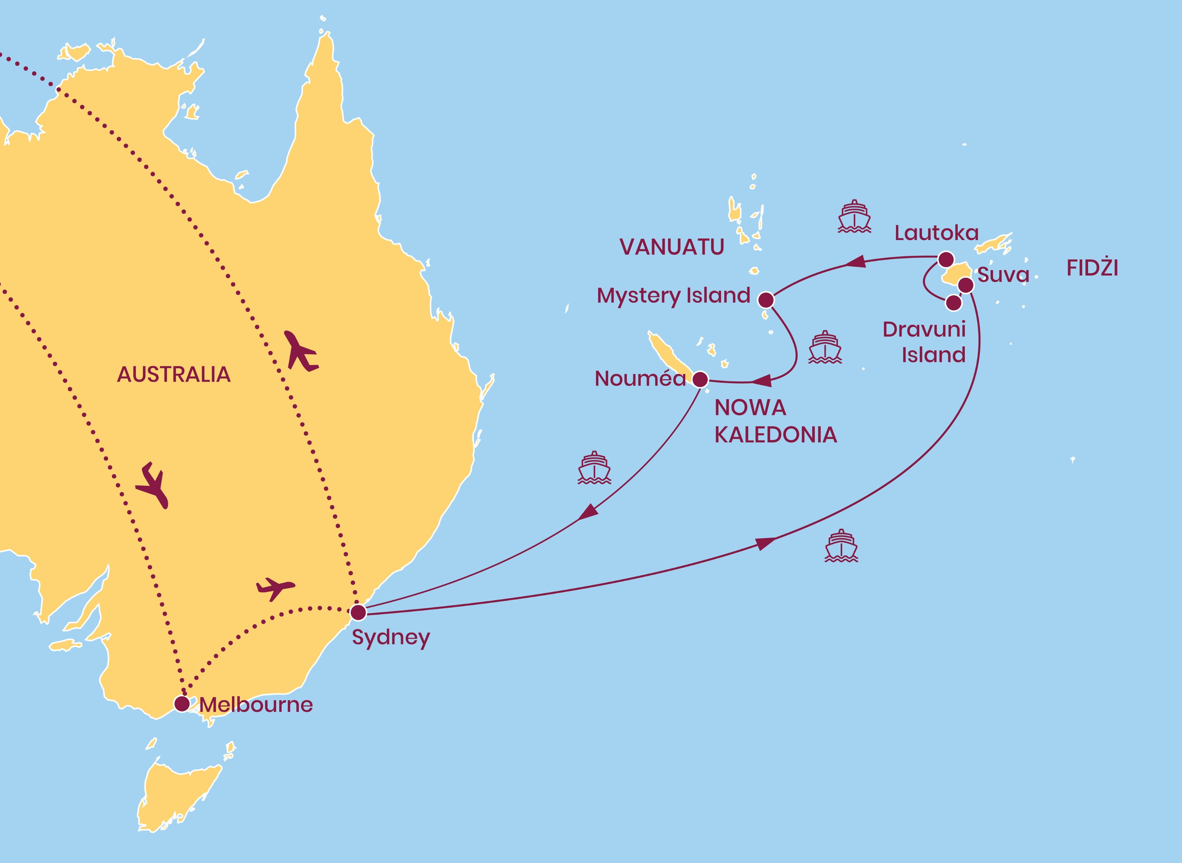 REJS AUSTRALIA FIJI NOWA KALEDONIA mapka